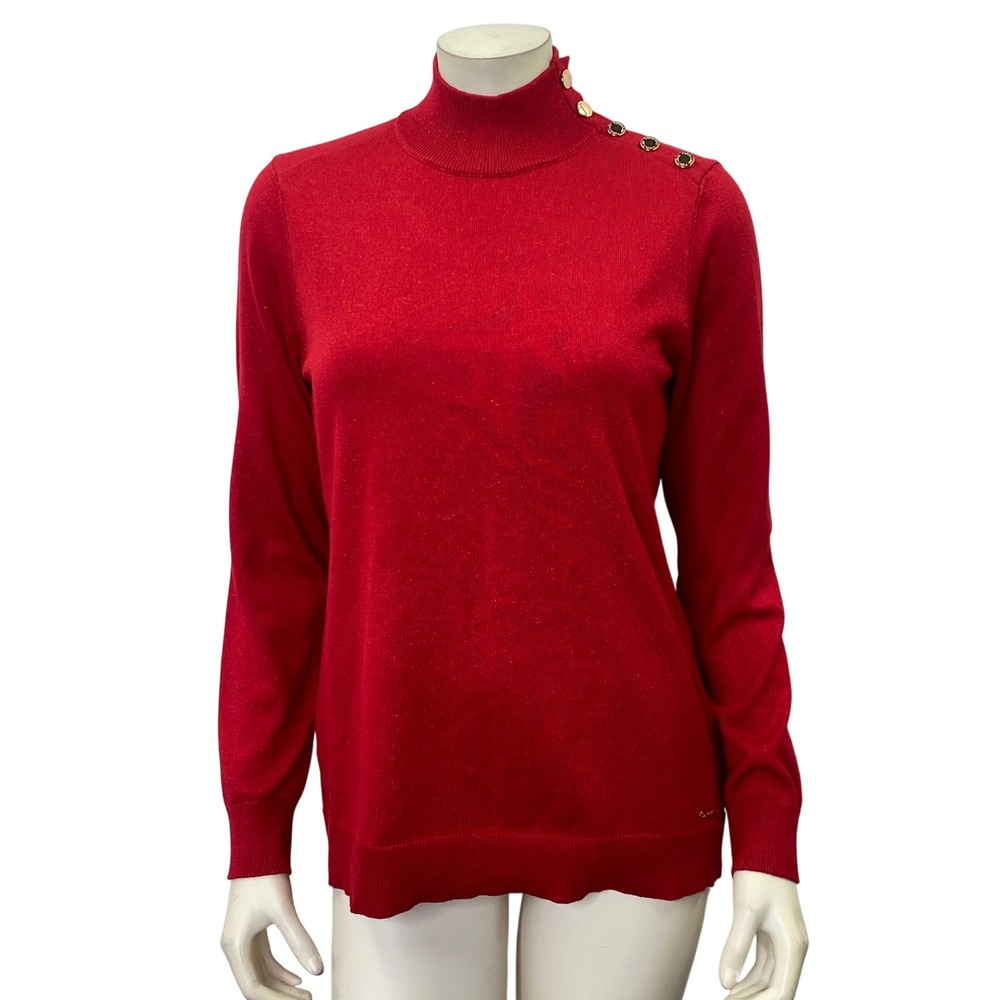 Calvin Klein Mock Neck Knit‎ SweaterGold Button Detail Sm NWOT